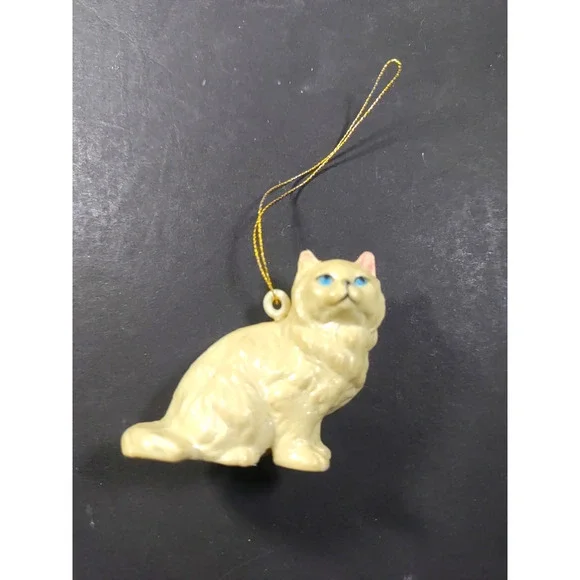 Vintage White Person Cat Plastic Christmas Ornament Blue Eyes - Picture 2 of 7